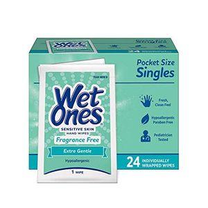 WET ONES Sensitive Skin Hand Wipes, Singles Extra Gentle Fragrance & Alcohol Free 24 ea ( Pack of 3)