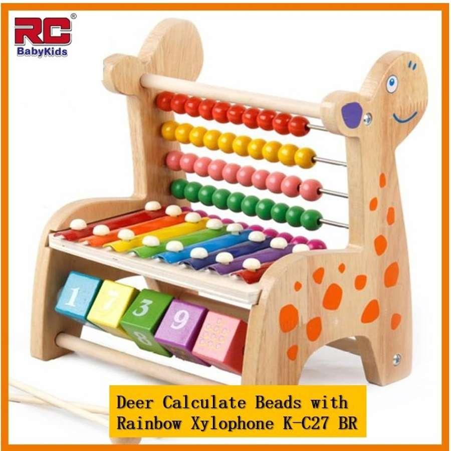 RC-BabyKids Colourful Educational Wooden Deer Calculate Beads with Early Melodies Rainbow Xylophone Child Learning Activity Toys Set