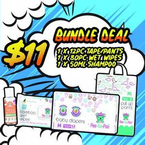[Peekapoo Official Store] Pee-Ka-Poo Starter Kit - [1 Pack x 12 Pcs] Taped Diapers (NB-XL) or Pull Up Pants (M-XXL) + 1 x 80pcs Wet Wipes + 1 x 95 pcs Dry Wipes