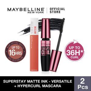 [PAKET HEMAT] Maybelline Volume Express Hypercurl Mascara + Superstay Matte Ink (Versatile) Make Up - [Bundle Maskara dengan lipstik matte tahan lama]