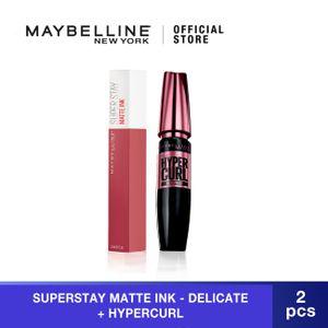 [Paket Hemat] Maybelline Hypercurl Mascara & Maybelline Superstay Matte Ink Liquid Lipstick Matte dan Tahan Lama [Delicate] -Paket Make Up Isi 2 Mascara & Lipstik