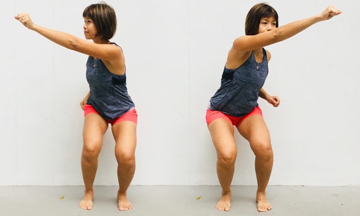 mini squat punches to simulate real-life movements to help pelvic floor muscles