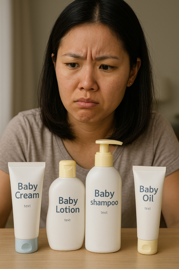 A young Singaporean mother with a confused expression looks at a row of baby skincare products, including baby cream, lotion, shampoo, and oil, displayed on a wooden table in a softly lit room.