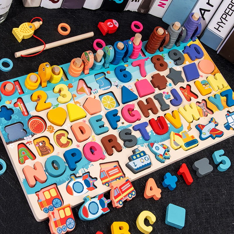 5. 7 in 1 Puzzle Kayu Anak Huruf dan Angka Pancing Ikan Montessori Wooden Toys