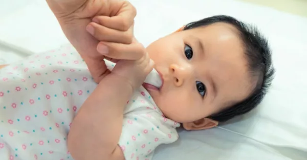 mulut bayi sedang dibersihkan dengan baby wipes